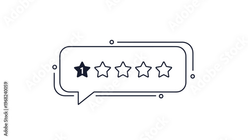 Speech bubble icon containing a single filled star and four empty star outlines representing a one star customer review or poor rating feedback.