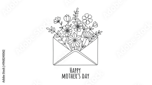 Detailed line art drawing of an open envelope filled with a variety of wildflowers and leaves for a happy mothers day card or coloring activity.