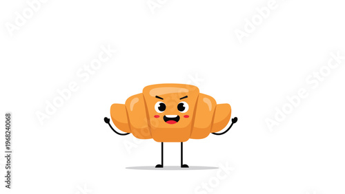 Joyful cartoon croissant character with a happy face and waving hands standing on a clean white background for bakery marketing or fun designs.