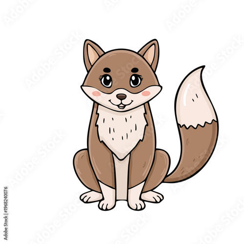 Cute cartoon fox with bushy tail sitting attentively, illustrated woodland creature