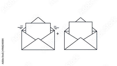Minimalist line art illustration of two open envelopes with blank letters inside representing communication, mail, and correspondence themes.