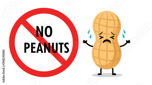 No peanuts warning sign featuring a crying cartoon peanut character with sweat drops next to a red prohibition circle with bold black text.