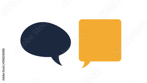 Two overlapping speech bubbles in dark blue and yellow colors representing conversation, communication, dialogue, or social media messaging.