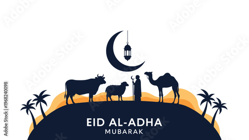 Silhouette illustration for Eid Al-Adha featuring a man with a cow, sheep, and camel on a hill under a crescent moon with a hanging lantern.