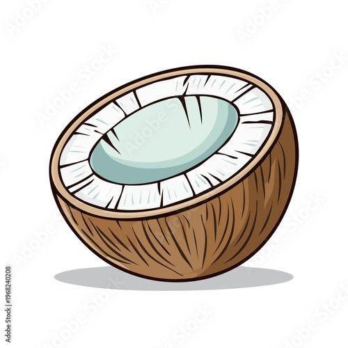 Isolated half coconut with white flesh and brown textured shell against a plain background