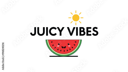 Cute watermelon slice character with a happy face below the words juicy vibes and a small bright sun illustration on top.