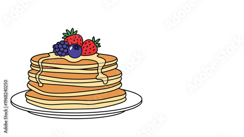 Stack of golden pancakes topped with dripping maple syrup, fresh blueberries, and strawberries served on a simple white plate.