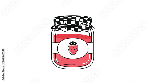 Glass jar filled with red strawberry jam featuring a black and white checkered lid and a small strawberry icon on the label.