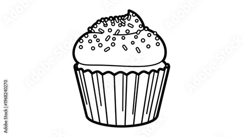 Black and white line art drawing of a delicious single cupcake with thick swirl frosting and sprinkled toppings on a white background.