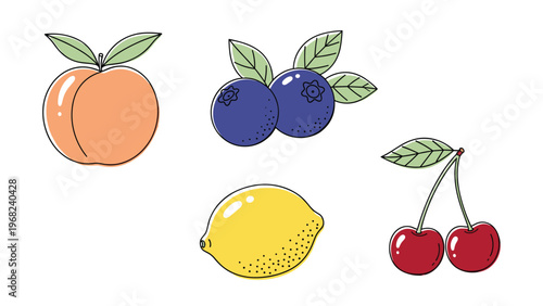 Colorful fruit collection featuring simple illustrations of a peach, blueberries, lemon, and cherries on a plain white background.