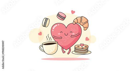 Happy Heart Character with Pastries and Coffee - Cute Breakfast Illustration