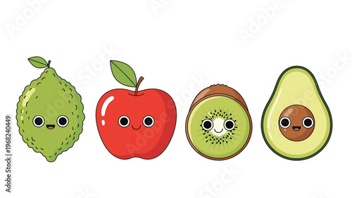 Row of four cute fruit characters including a lime, apple, kiwi, and avocado each with a happy smiling face on a white background.