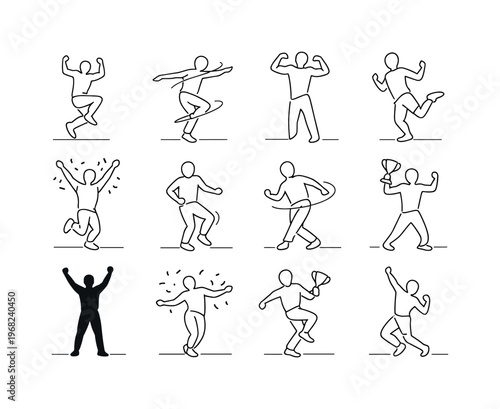 Winning Moment Dance. Minimalistic set one-line drawing athlete celebrating with jump, spinning celebration move, arms flexed triumph pose, joyful skip step,