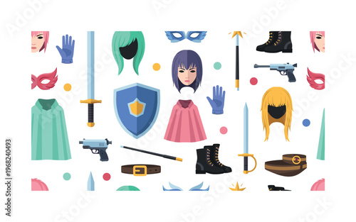 cosplay icons seamless pattern, repeating pattern, surface design, textile print, modern illustration of swords, shields, wigs, masks, gloves, capes, boots,
