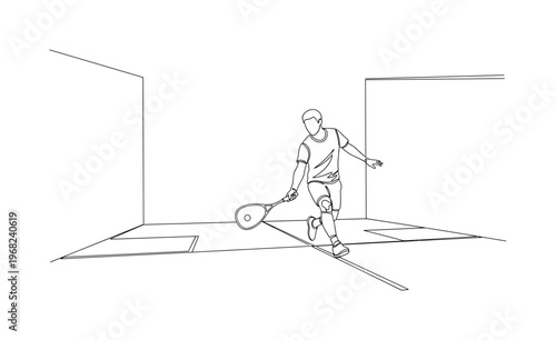 Racquet Swing. Minimalistic one-line drawing squash player striking ball on court, continuous single black line on white background, simple outline style, no