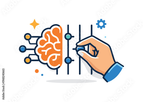 AI engineer neural icon illustrated as a hand adjusting a neural circuit diagram, suggesting optimization, tuning, and expert control over AI models. A