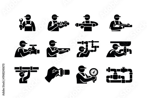 Plumbing Technicians Installing Piping Systems. Solid icon set of Plumbing Technicians Installing Piping Systems: plumber with wrench, pipe fitting joint,