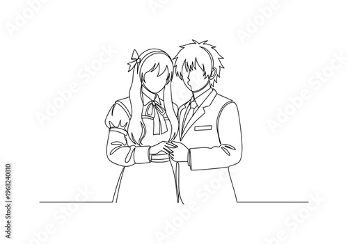 Cosplay Pair. Minimalistic one-line drawing couple wearing wigs and outfits inspired by anime, continuous single black line on white background, simple outline