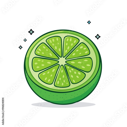 Vibrant cross section of a fresh lime showing juicy pulp and segments with sparkling highlights