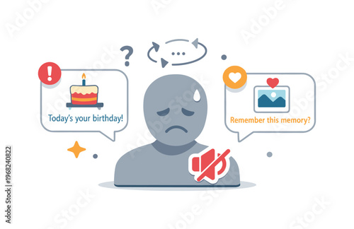 Dead person social media algorithm confusion visualized by automated birthday and memory reminders near a muted avatar, expressing discomfort and unintended