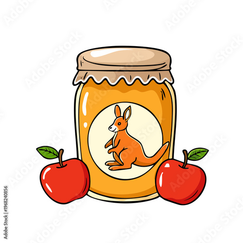 Whimsical jar of honey adorned with a kangaroo illustration surrounded by fresh apples