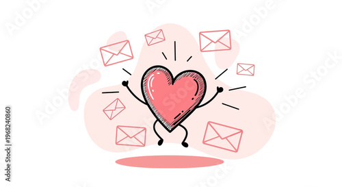 Happy Heart Character Receiving Love Letters and Messages