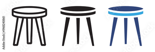 Three-legged stool icon set furniture symbols in outline and solid style vector illustration collection
