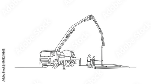 Site Pour. Minimalistic one-line drawing operators controlling concrete pump delivering concrete to slab, continuous single black line on white background,