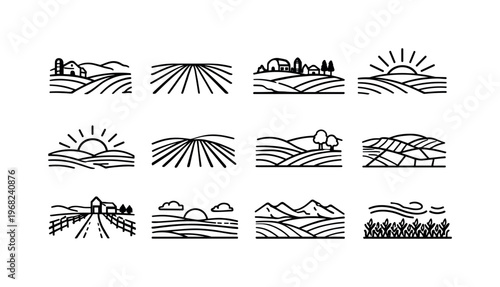 Agricultural landscapes. Line icon set of Agricultural landscapes: rolling farmland, crop rows perspective, rural hills, farmland sunrise, farmland sunset,