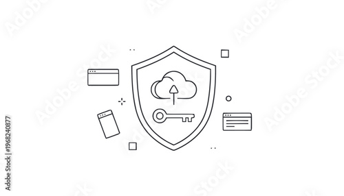 Cloud Security Shield with Key and Upload Arrow Icon Illustration.