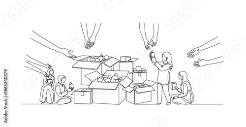 Relief Efforts. Minimalistic one-line drawing aid boxes and hands assisting people, continuous single black line on white background, simple outline style, no