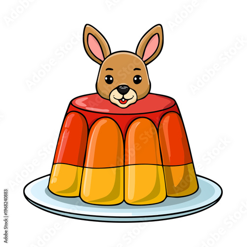 Cartoon Kangaroo Head Emerging From Colorful Layered Jelly Dessert on Plate