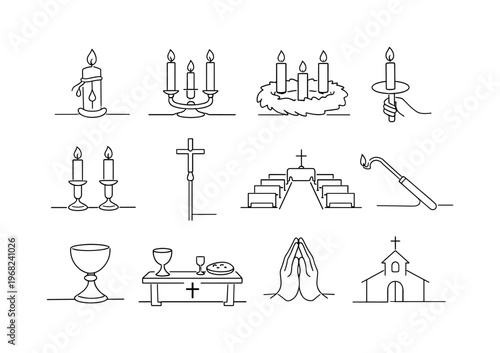 Religious Ceremony Candle Traditions. Minimalistic set one-line drawing baptism candle, wedding unity candles, advent wreath with candles, handheld vigil
