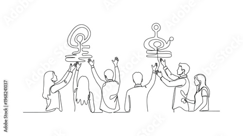 Ancient Worship. Minimalistic one-line drawing individuals raising hands toward symbolic structures, continuous single black line on white background, simple