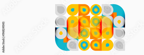 Abstract geometric pattern. Circles, squares overlap creating vibrant colorful design. Modern aesthetic, clean lines, simple shapes.