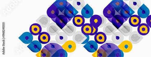 Abstract geometric pattern. Circles, squares, overlapping shapes create vibrant visual texture. Purple, blue, yellow dominate composition.