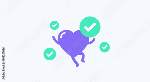Happy Heart Character with Checkmarks - Approval, Success, Good Health Concept