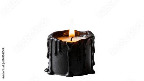 Foto Gothic black dripping candle with flickering flame, elegantly isolated on transp