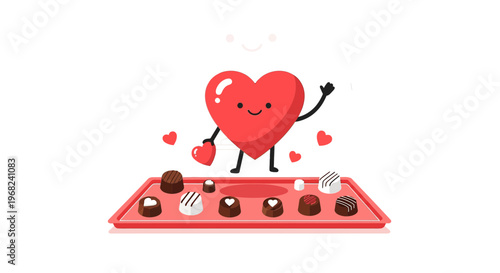 Happy Heart Character with Chocolate Box, Valentine's Day Concept, Cute Illustration