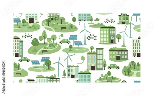 green cities seamless pattern, repeating pattern, surface design, textile print, modern illustration of urban parks, solar panels, wind turbines, bicycles,