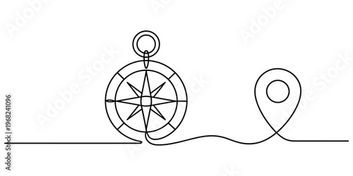 Minimalist One Line Drawing of Compass and Location Pin