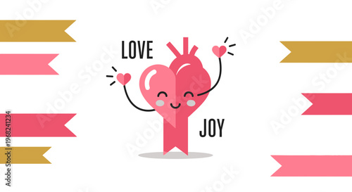 Happy Heart Character with Love and Joy Text, Festive Ribbon Background