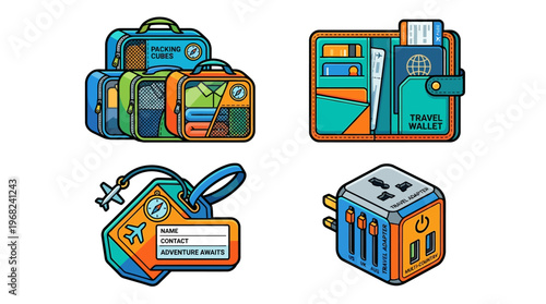Colorful luggage travel icons set.