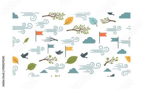 blustery icons seamless pattern, repeating pattern, surface design, textile print, modern illustration of wild winds, swirling gusts, flying leaves, branches,