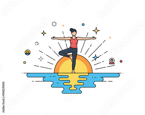 Yoga at sunrise beach sunrise reflection concept where a person balances in a yoga pose with water reflecting sunlight while tiny sparkle and star icons