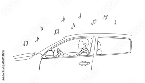 Traveling with Tunes. Minimalistic one-line drawing person in car with music notes floating around, continuous single black line on white background, simple