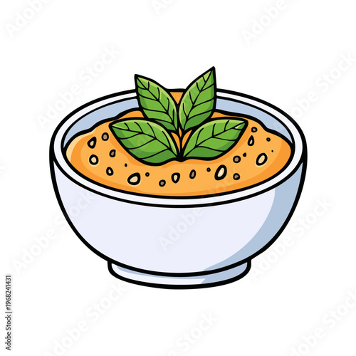 Whimsical illustration of a white bowl filled with creamy orange soup garnished with fresh green basil leaves.