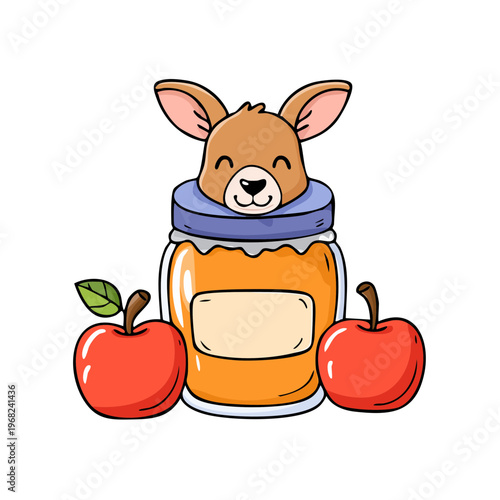 Cute Kangaroo Peeking From Honey Jar Surrounded by Fresh Red Apples Cartoon Illustration