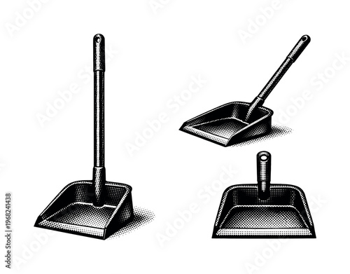 Dustpan ? realistic dustpan with long handle and angled scoop geometry. Black and white dot style with halftone texture and high contrast. Halftone texture