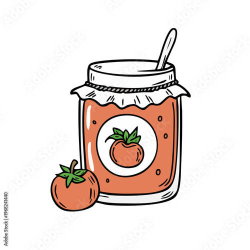 Hand-drawn illustration of a jar of tomato jam with a fresh tomato and spoon